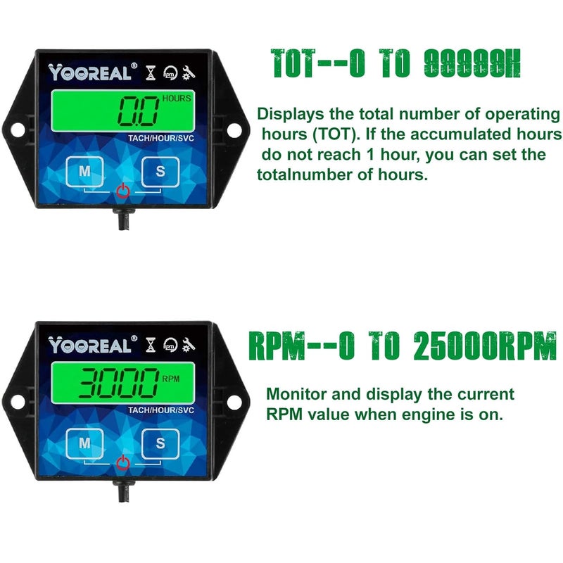 YOOREAL Digital Backlight Tachometer Hour Meter,Resettable Hours,Replaceable Battery Engine for Lawn Mower Generator Chainsaw Outboard Motor Snowblower Gas Powered Equipment (YR-HM011G) - Image 2